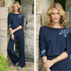 Soft surroundings Garbo soft stretchy jersey knit embroidered navy jumpsuit
